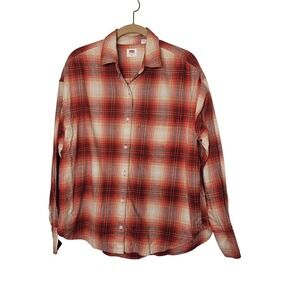 Levi's Womens Plaid‎ Button Down Shirt Long Sleeve Red Beige Medium Farm Western